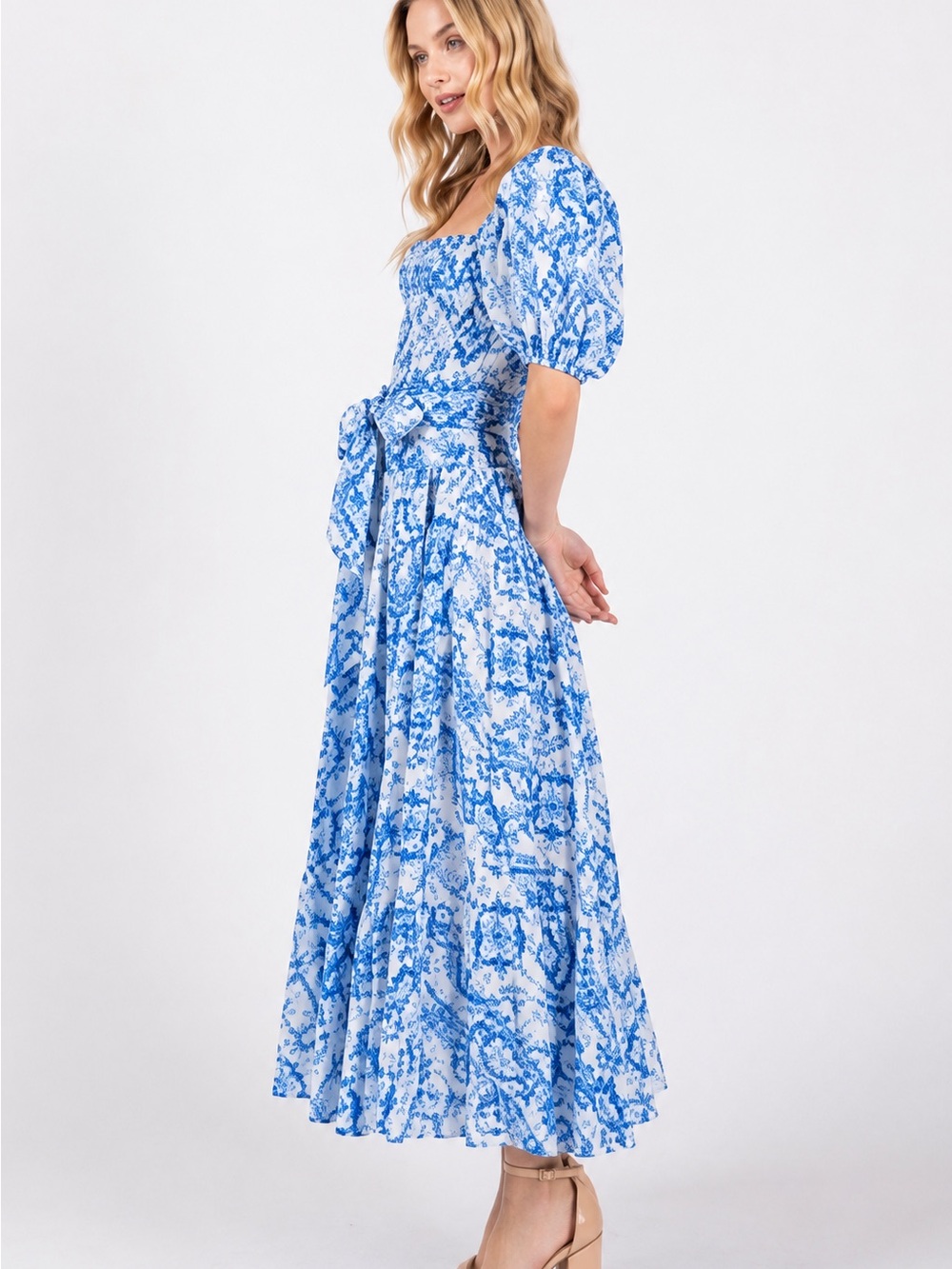 Soho Blue and White Printed Puff-Sleeve Maxi Dress